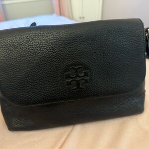 Tory Burch Black Pebbled Leather Flap Crossbody Bag